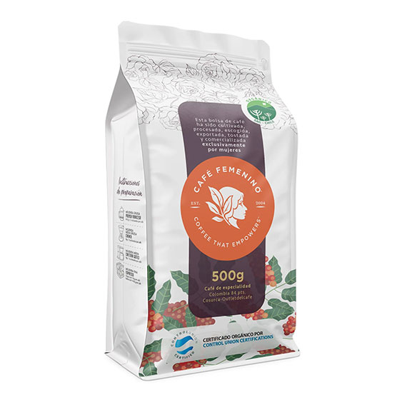 Café femenino orgánico tueste medio, grano entero, 500 grs.